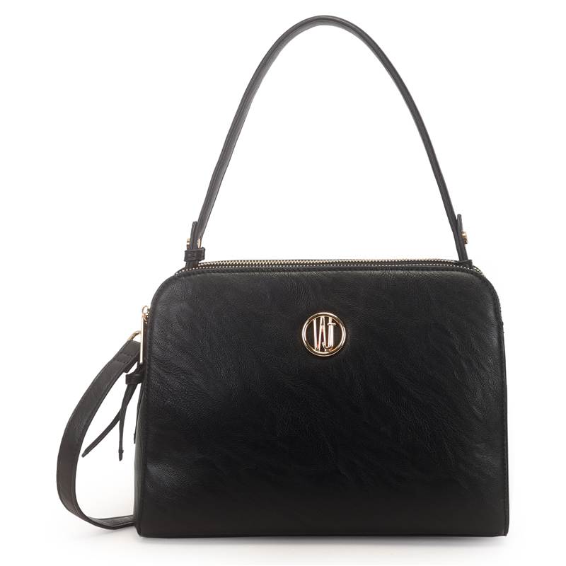 Bolsa baú feminina WJ preta em material sintético com alça única e fecho superior com zíper dourado